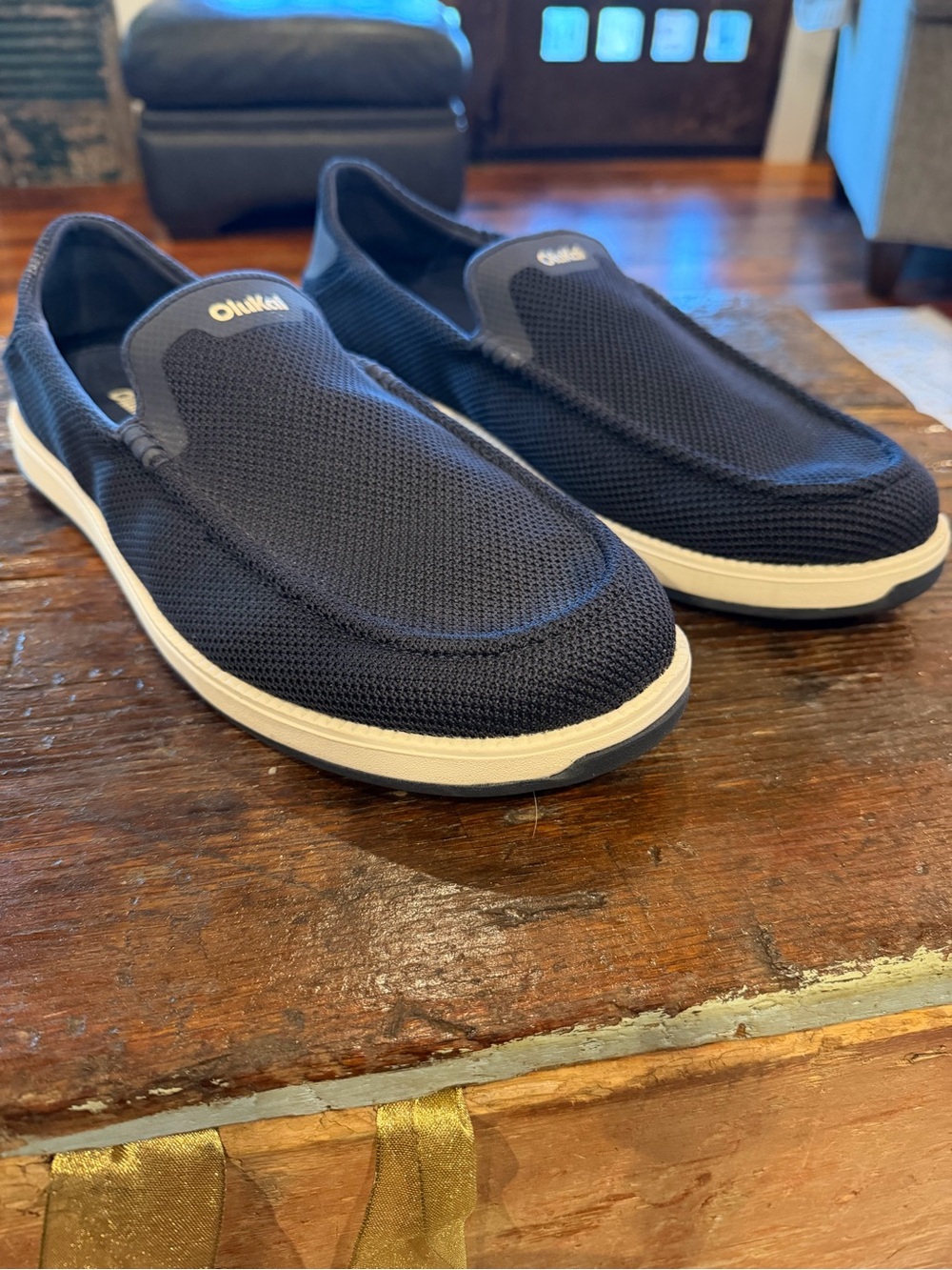 OluKai Navy Mesh Slip-On Loafers with Cream Sole